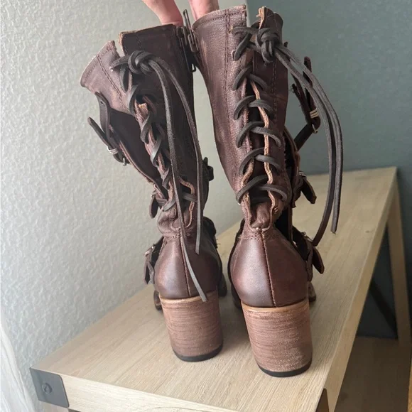 freebird Distressed Brown Leather Buckle Mid-Calf Heeled Boots - Picture 2 of 6